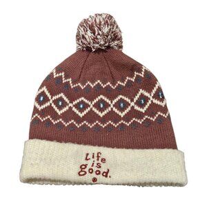 Life is Good Women Medium Y2K Large Maroon Pom Pom Knit Beanie Winter Logo Hat